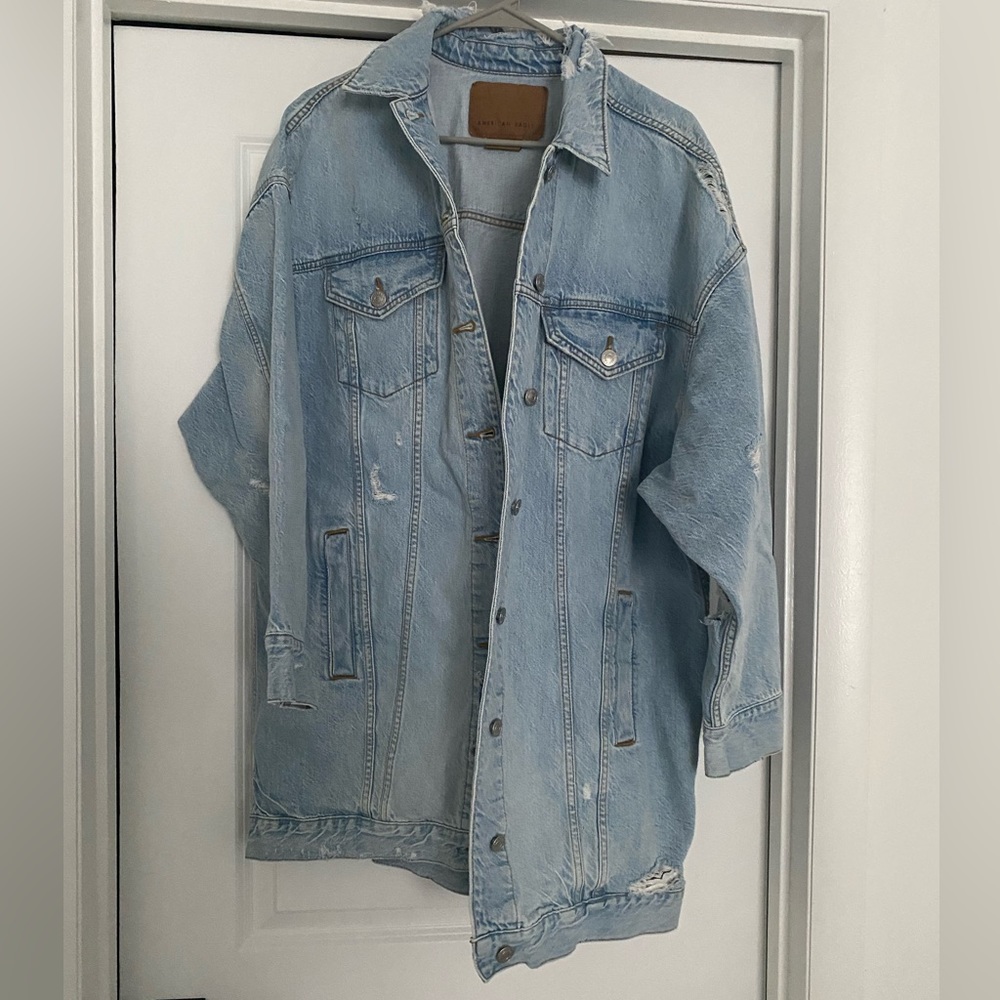 American Eagle Distressed Tunic Length Jean Jacket
